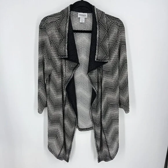 Chicos Travelers Chevron Print Mesh Open Cardigan Size L Black White Lightweight - Picture 1 of 11